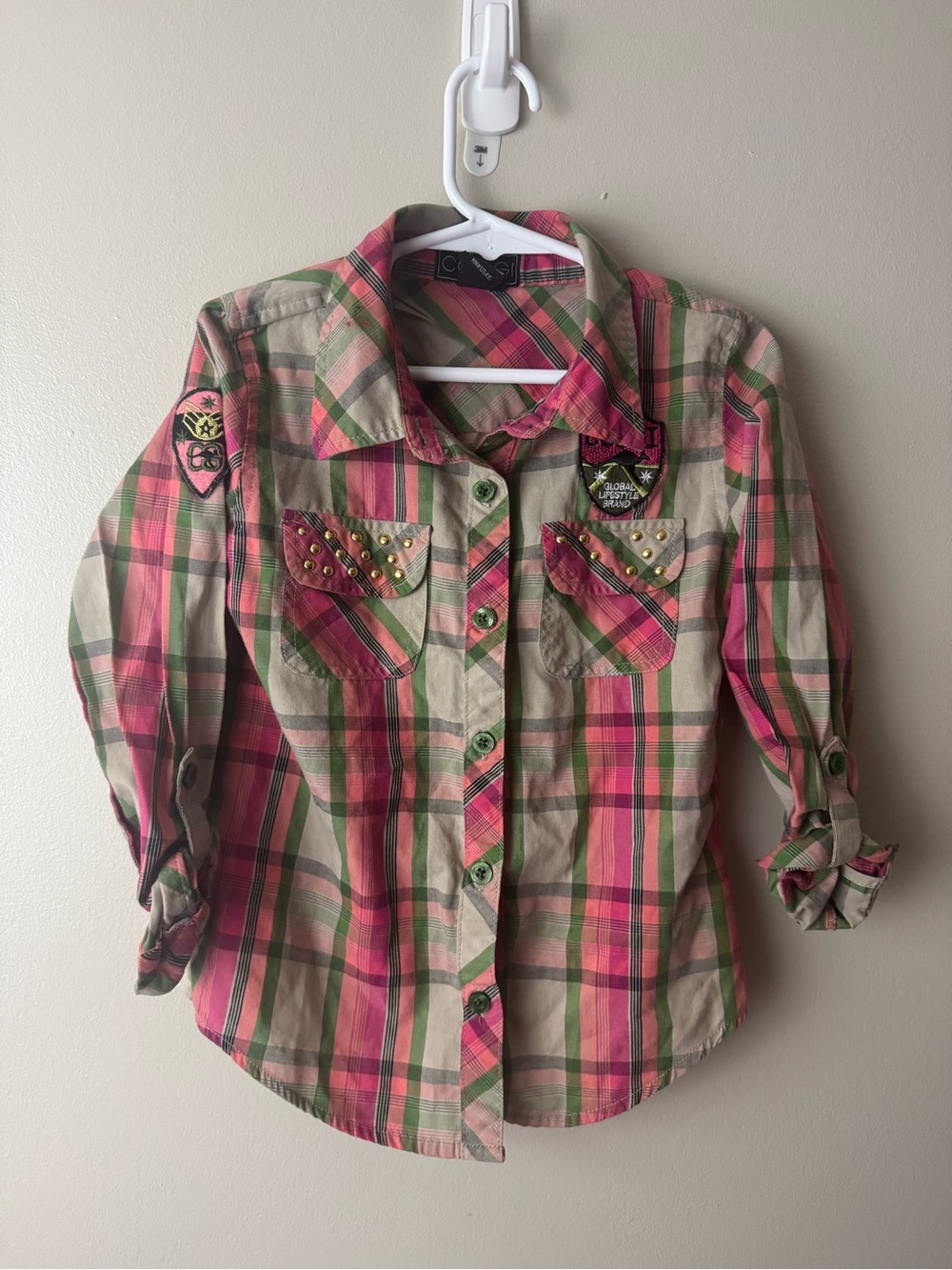 COOGI Girls Plaid Shirt Pink Green Studded Y2K PatchGrunge Western Punk Size 5